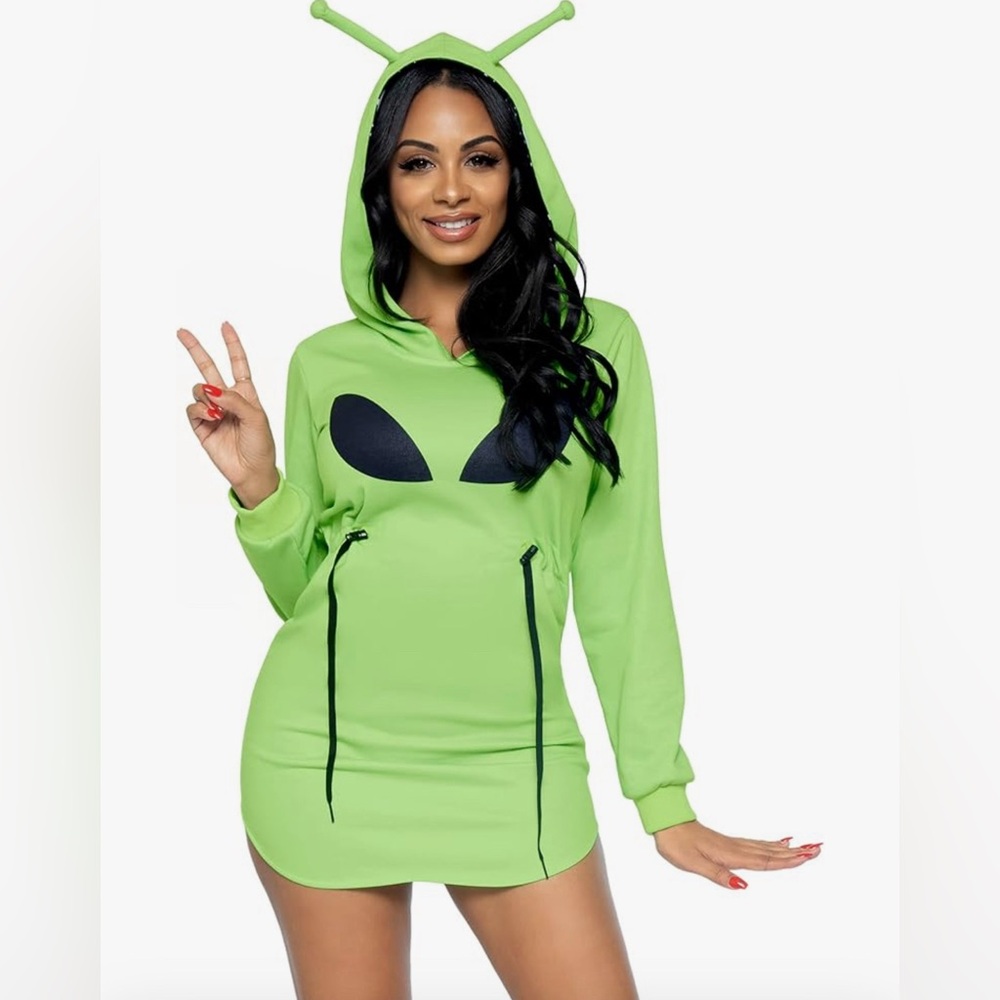 Alien Hoodie Dress - Lime Green Hooded Mini Dress